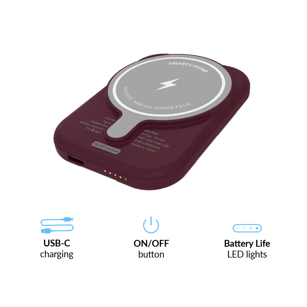 French Burgundy Floral Portable MagSafe Charger Power Pack